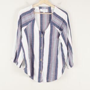 Cloth & Stone Anthropologie Cotton Gauzy Striped Blue Front Button Top Sz L
